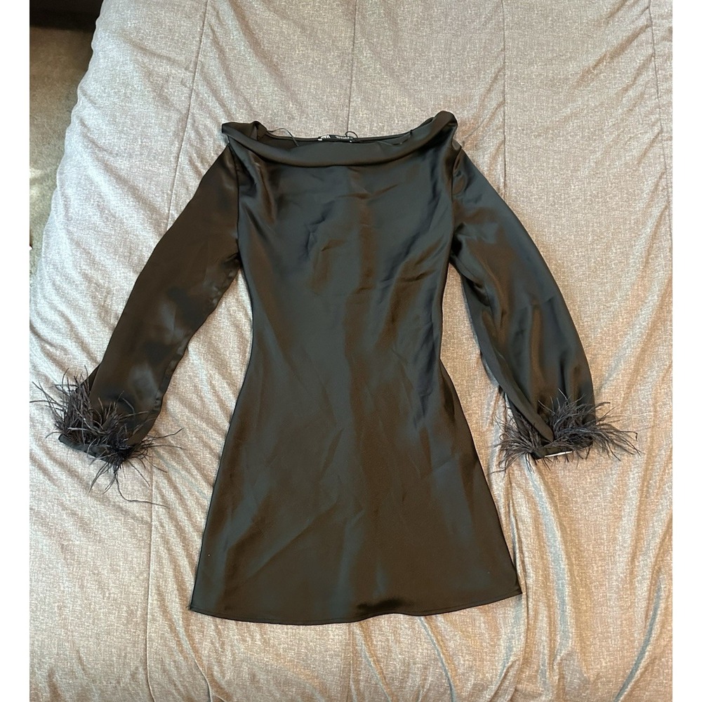 Zara Black Satin Cocktail Party Womens Dress S Feather Cuff Off Shoulder Glam
